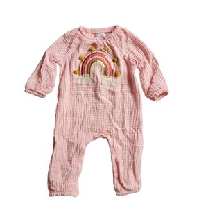 Mudpie 6-9 M Pink Cotton Gauzey Bohemian Rainbow Jumpsuit Romper